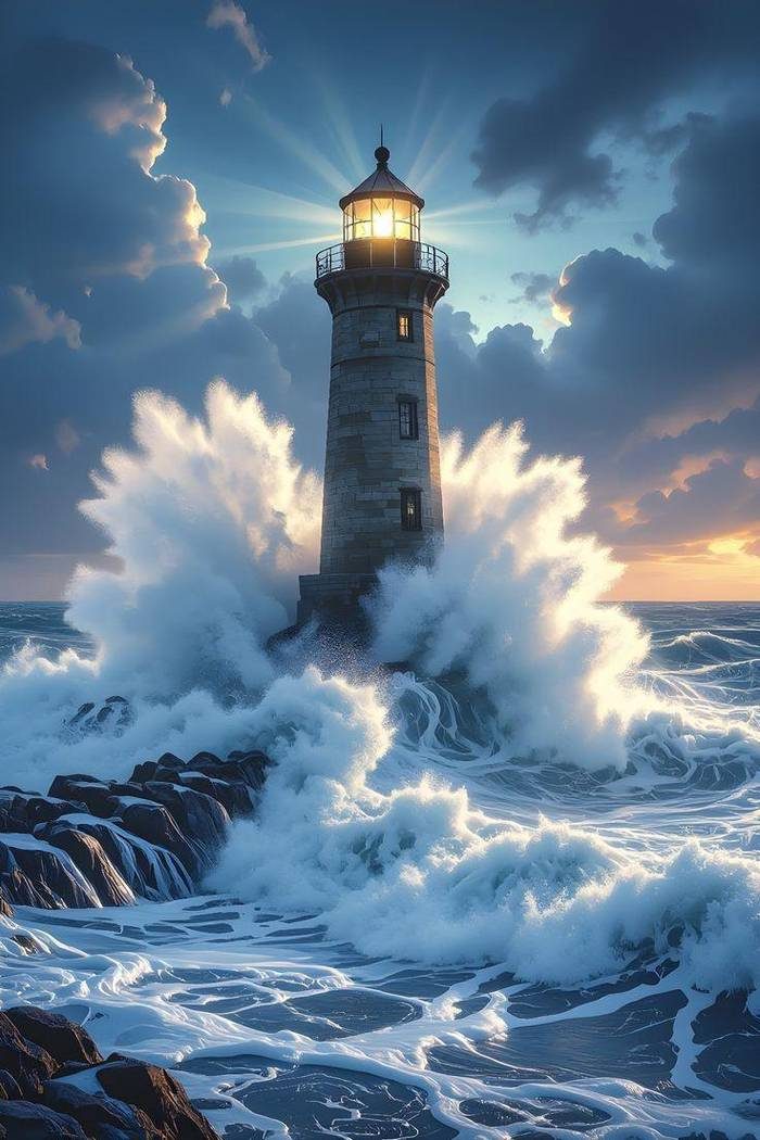 A lighthouse standing firm as waves break against it