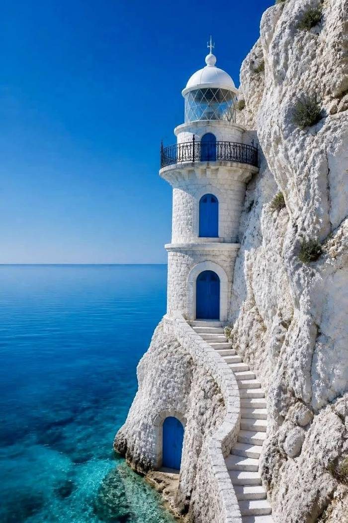 A white lighthouse above a calm blue sea